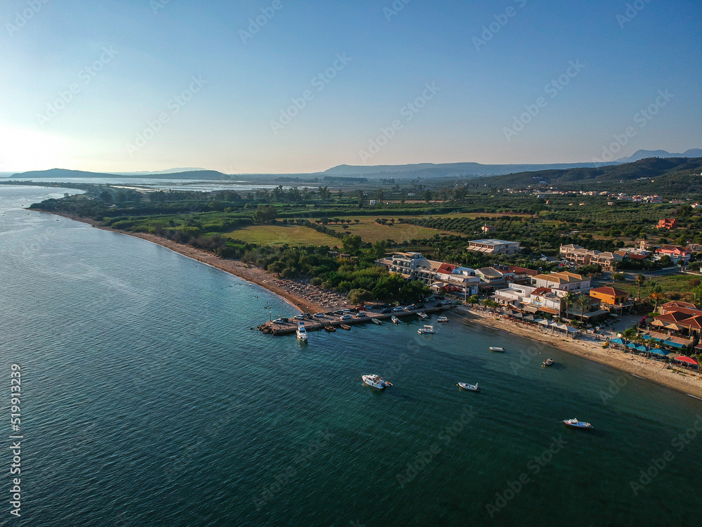 Panoramic aerial view over Gialova seaside city in Navarino bay. It is one of the best touristic places located in Messenia, Greece.
