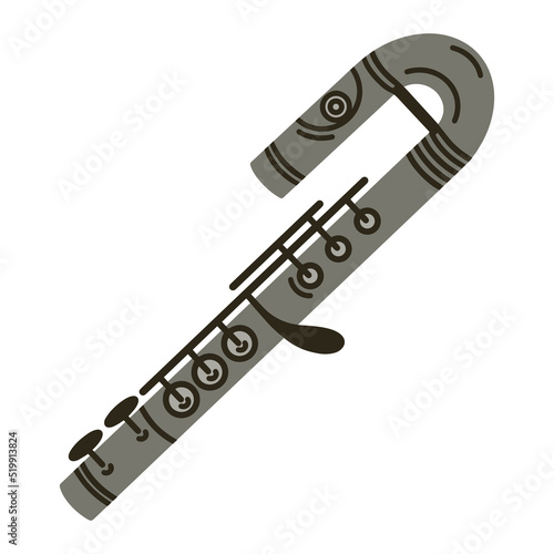 Alto flute color vector icon. Hand drawn metal musical instrument. Modern orchestral fife isolated on white. Device for classical melodies, concerts. Flat cartoon clipart for web, logo, apps