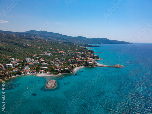 Aerial panoramic view near Mantinies and Acrogiali seaside area in Messenia prefecture near Kalamata city - Greece.