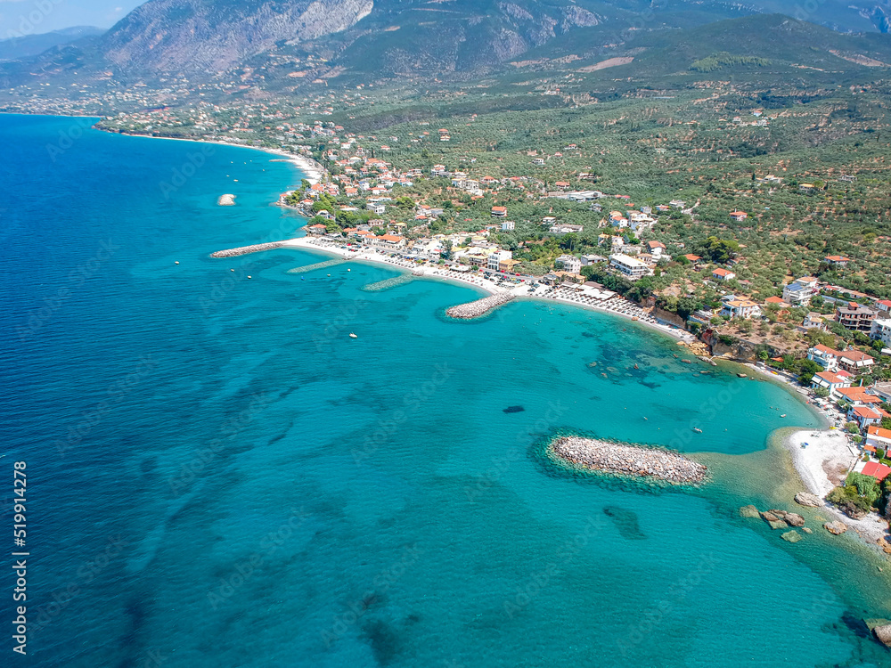 Aerial panoramic view near Mantinies and Acrogiali seaside area in Messenia prefecture near Kalamata city - Greece.