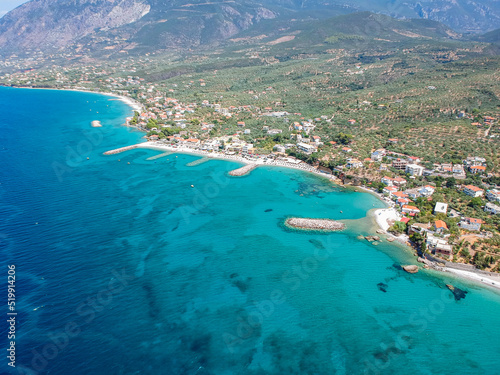 Aerial panoramic view near Mantinies and Acrogiali seaside area in Messenia prefecture near Kalamata city - Greece.