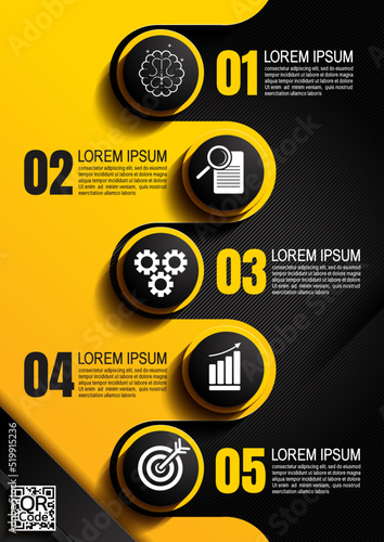 infographics design, circle 5 process chart diagram template for presentation workflow, abstract timeline elements, flow chart business yellow and black color layout concept