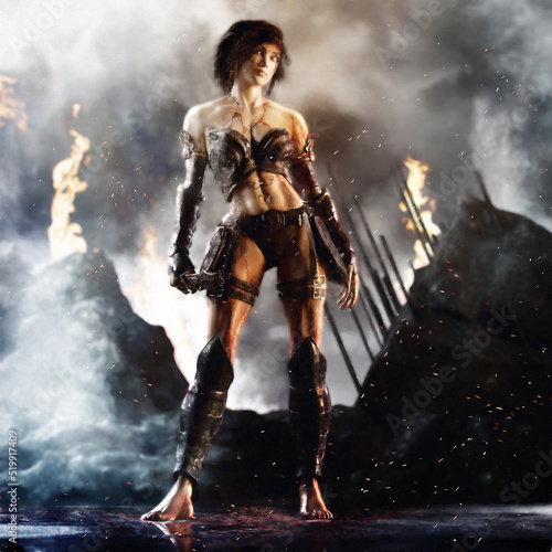fierce female warrior in a deserted strange land with fire, smoke and cloudy soft focus background