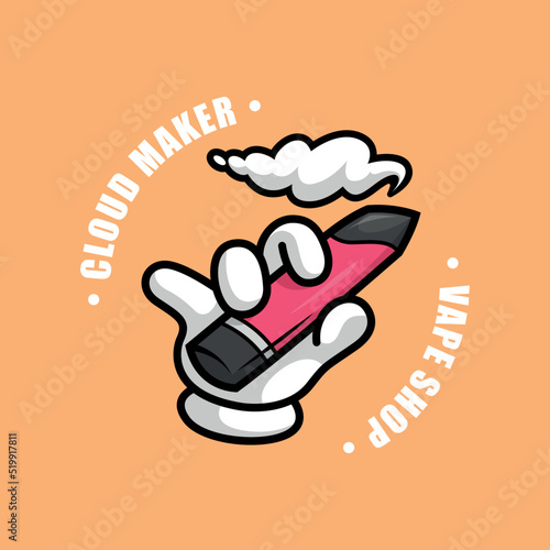 HAND IS HOLDING A SMOKY VAPING POD CARTOON LOGO DESIGN