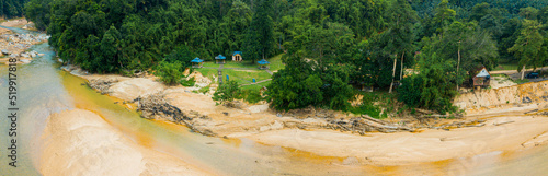 Panoramic aerial drone view of river scenery in Hutan Lipur Belukar Bukit, Kuala Berang, Terengganu, Malaysia.