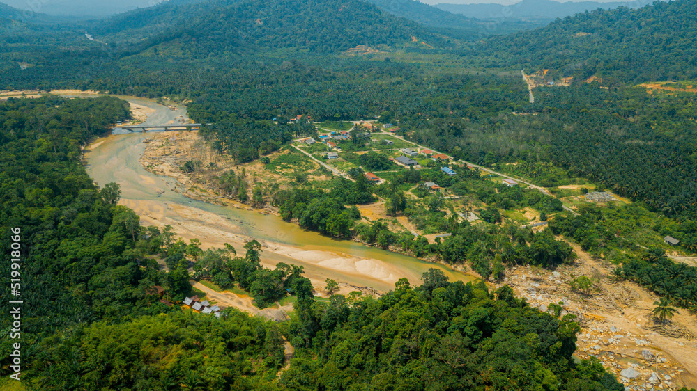 Aerial drone view of rural scenery in Hutan Lipur Belukar Bukit, Kuala Berang, Terengganu, Malaysia.