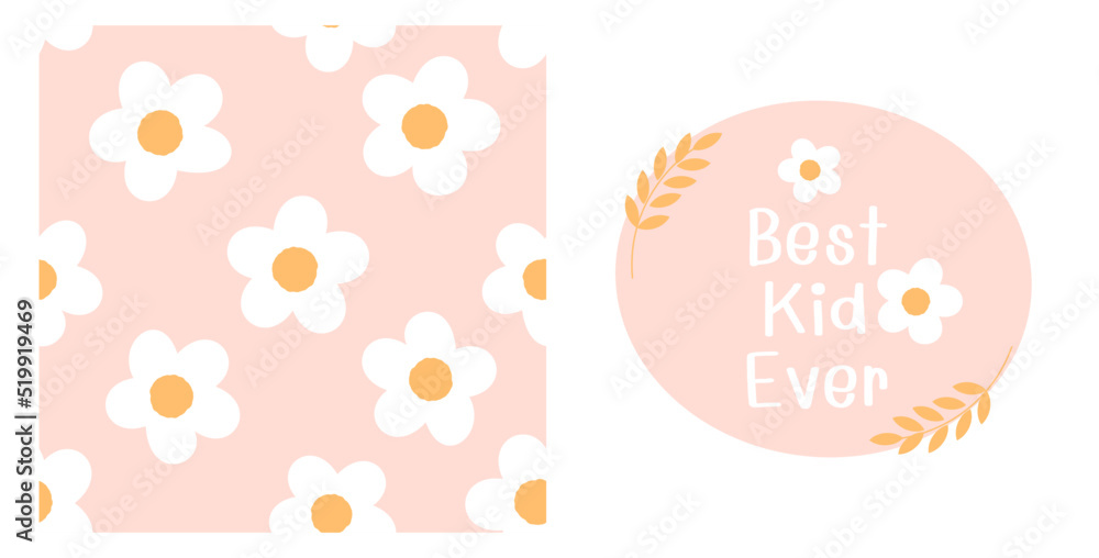 Seamless pattern with daisy flower, branches and hand written font on pink background vector.