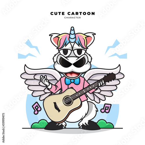 Cute cartoon character of unicorn is playing guitar
