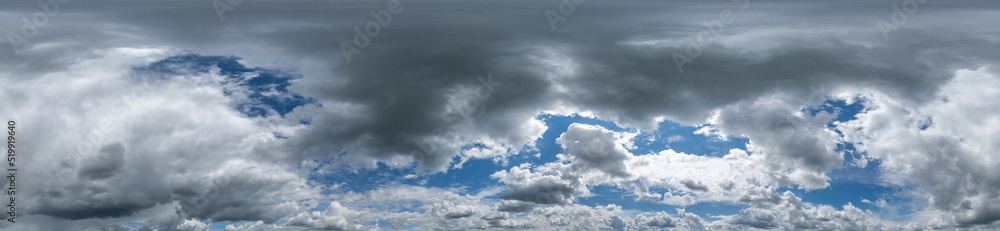 Blue sky hdri 360 panorama with white beautiful clouds. Seamless panorama with zenith for use in 3d graphics or game development as sky dome or edit drone shot for sky replacement