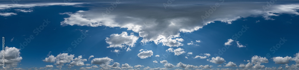 Blue sky hdri 360 panorama with white beautiful clouds. Seamless panorama with zenith for use in 3d graphics or game development as sky dome or edit drone shot for sky replacement Blue sky hdri 360 panorama with white beautiful clouds. Seamless panorama with zenith for use in 3d graphics or game development as sky dome or edit drone shot for sky replacement