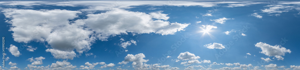 Blue sky hdri 360 panorama with white beautiful clouds. Seamless panorama with zenith for use in 3d graphics or game development as sky dome or edit drone shot for sky replacement Blue sky hdri 360 panorama with white beautiful clouds. Seamless panorama with zenith for use in 3d graphics or game development as sky dome or edit drone shot for sky replacement