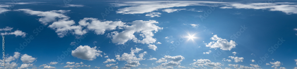 Blue sky hdri 360 panorama with white beautiful clouds. Seamless panorama with zenith for use in 3d graphics or game development as sky dome or edit drone shot for sky replacement Blue sky hdri 360 panorama with white beautiful clouds. Seamless panorama with zenith for use in 3d graphics or game development as sky dome or edit drone shot for sky replacement