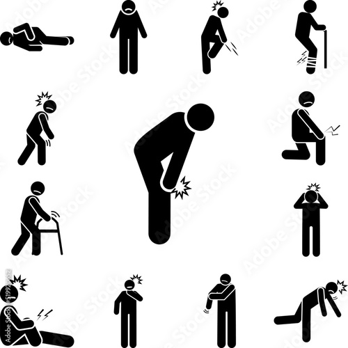 Man, fall, leg, cramp icon in a collection with other items