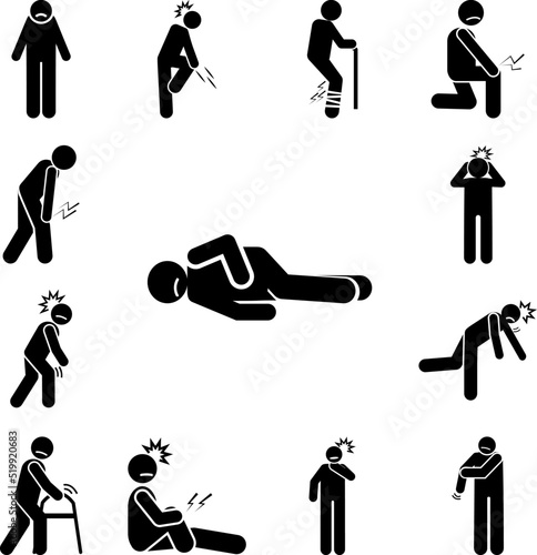 Man, stretch, pain icon in a collection with other items