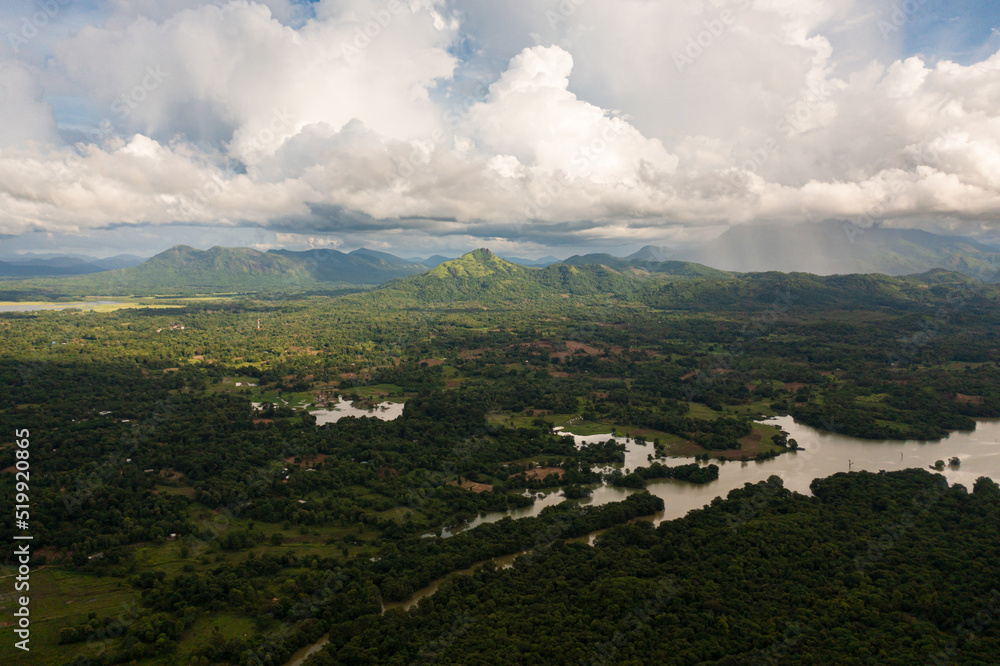 Aerial view of Tropical mountain range and mountain slopes with rainforest. Sri Lanka.