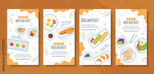Breakfasts Social Media Stories Template Flat Cartoon Background Vector Illustration