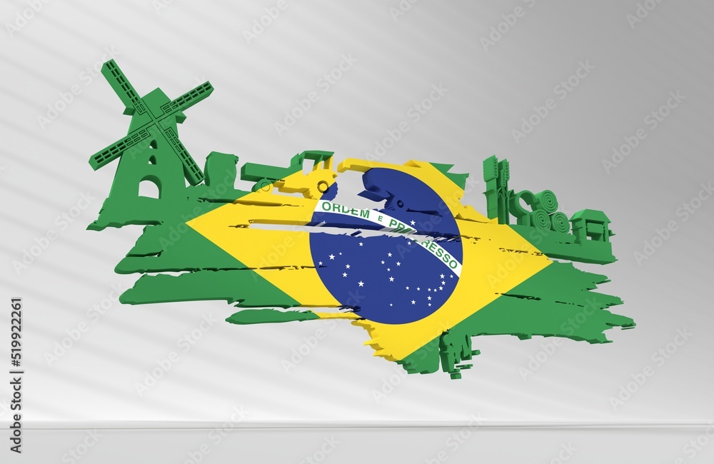 Brush stroke with agricultural icons textured by flag of Brazil ...