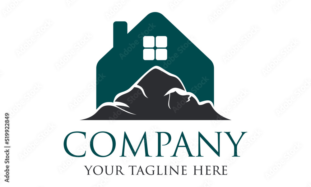 Green and Grey Color Rock and Modern House Logo Design