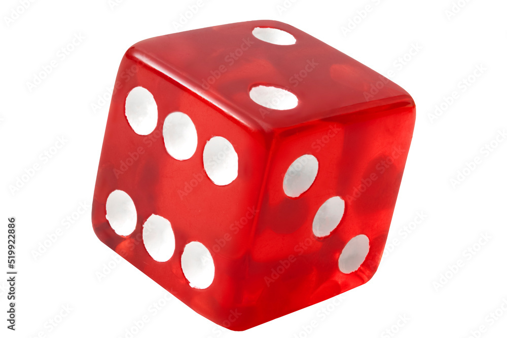 One single die used in the casino game of craps showing 2 on top isolated on white background with clipping path cutout concept for playing board games, lucky gamble and shooting dice