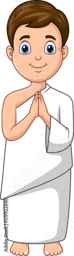 Muslim man wearing Ihram clothes performing Hajj or Umrah pilgrimage