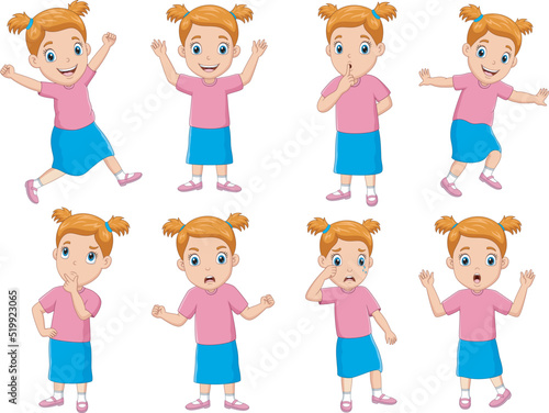 Cute little kid girl in various expressions and gesture set
