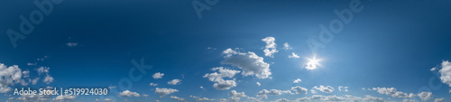 Blue sky hdri 360 panorama with white beautiful clouds. Seamless panorama with zenith for use in 3d graphics or game development as sky dome or edit drone shot for sky replacement
