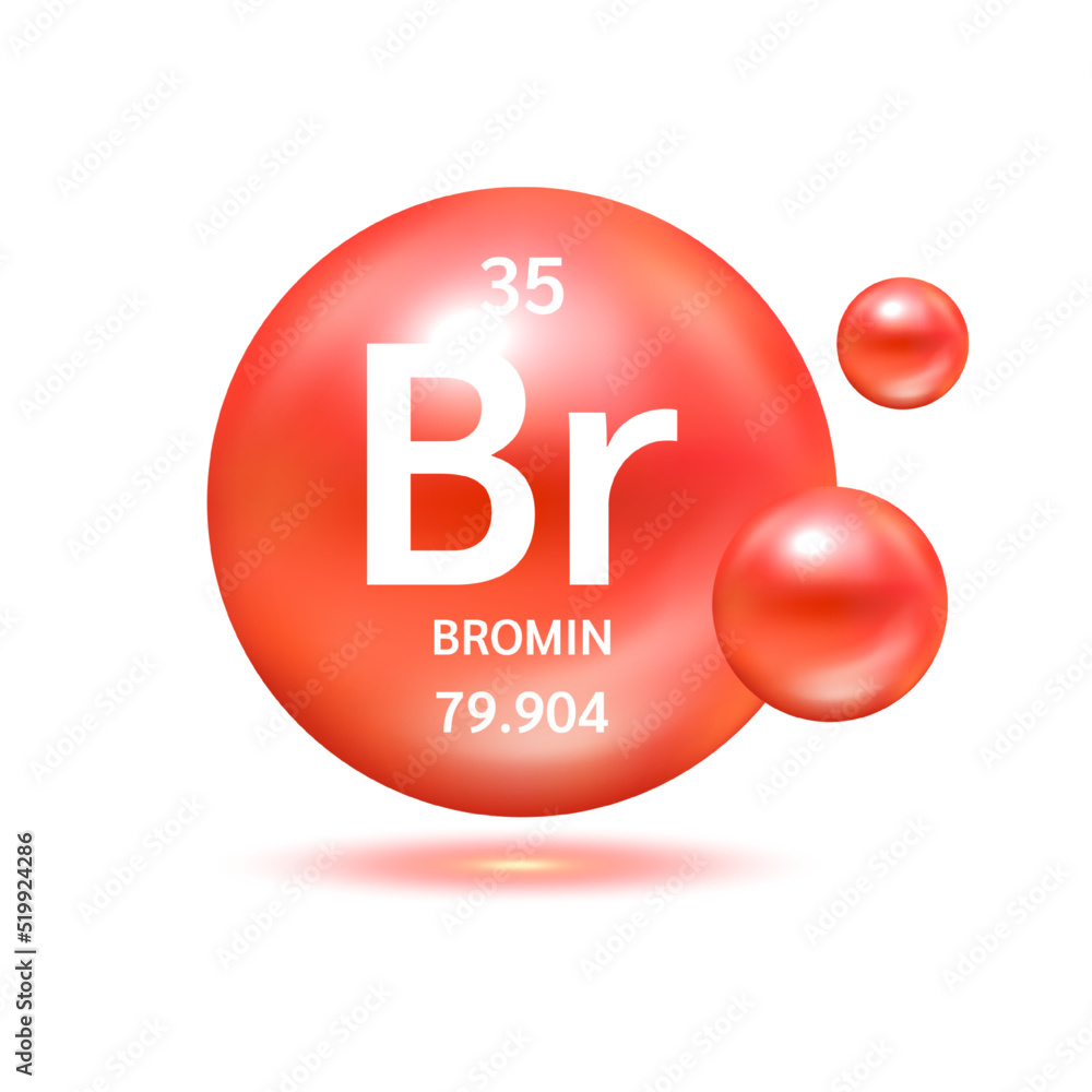 Bromine molecule models red and chemical formulas scientific element. Natural gas. Ecology and biochemistry concept. Isolated spheres on white background. 3D Vector Illustration. Bromine molecule models red and chemical formulas scientific element. Natural gas. Ecology and biochemistry concept. Isolated spheres on white background. 3D Vector Illustration.