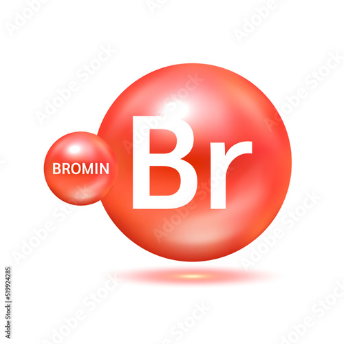 Bromine molecule models red. Natural gas. Ecology and biochemistry concept. Isolated spheres on white background. 3D Vector Illustration.