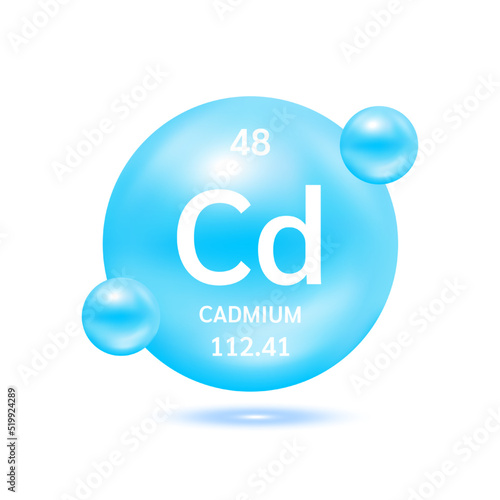 Cadmium molecule models blue and chemical formulas scientific element. Natural gas. Ecology and biochemistry concept. Isolated spheres on white background. 3D Vector Illustration.