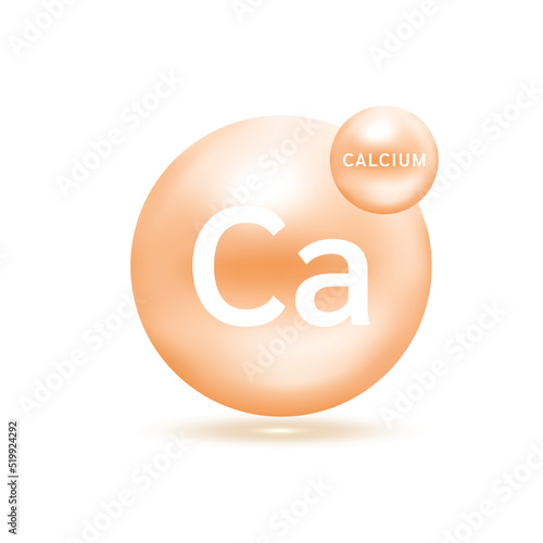 Calcium molecule models cream and chemical formulas scientific element. Natural gas. Ecology and biochemistry concept. Isolated spheres on white background. 3D Vector Illustration.