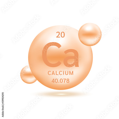 Calcium molecule models cream and chemical formulas scientific element. Natural gas. Ecology and biochemistry concept. Isolated spheres on white background. 3D Vector Illustration.