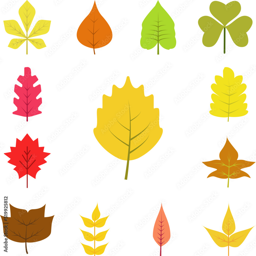 Autumn leave, orange icon in a collection with other items Autumn leave, orange icon in a collection with other items