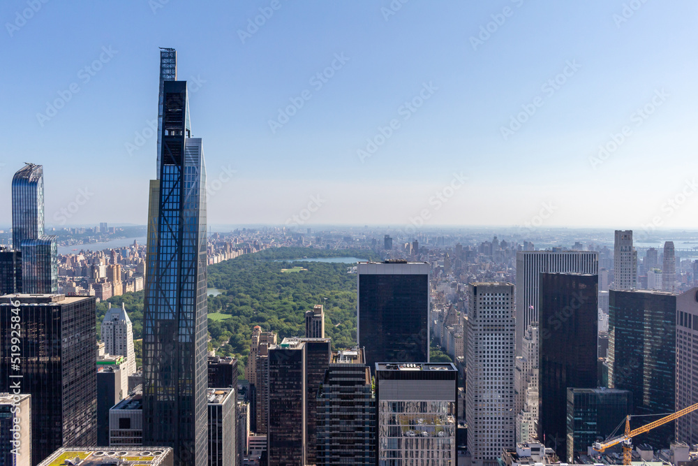 Sunny daytime cityscape skyline view of skyscrapers on Manhattan Island in New York City, New York, USA