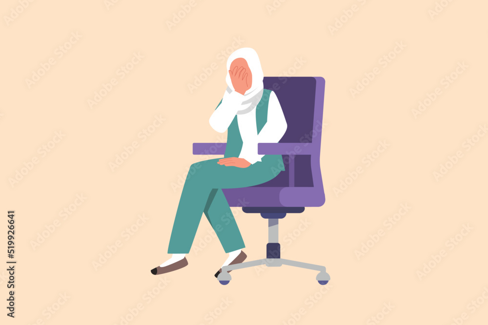 Business design drawing depressed Arab businesswoman sitting on chair thinking about finding money for paying bills during crisis. Financial problem bankruptcy. Flat cartoon style vector illustration