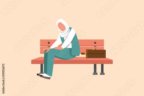 Business design drawing depressed Arab businesswoman sitting at bench park alone. Manager suffering depression, experiences dismissal, difficult life situation. Flat cartoon style vector illustration