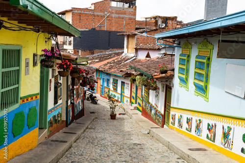 Guatape, Antioquia / Colombia - May 25, 2022. Tourist municipality of Colombia and eastern Antioquia. It is famous for its houses decorated with colored bas-reliefs. © Luis Echeverri Urrea
