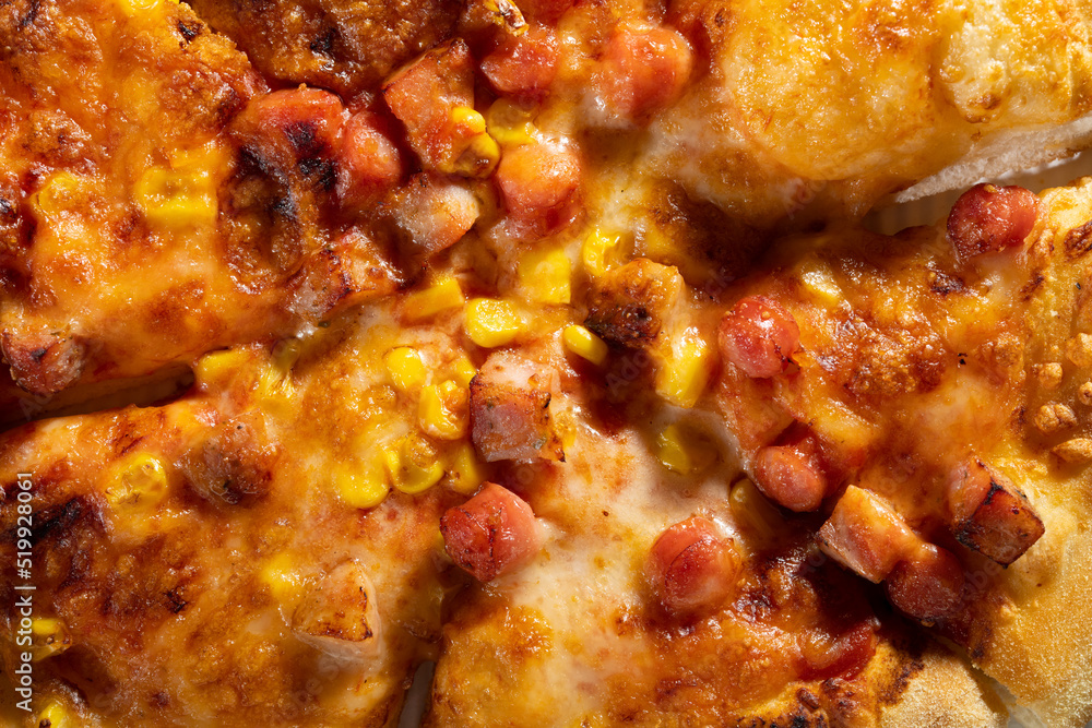 top view fresh pizza with sausages close up top view fresh pizza with sausages close up