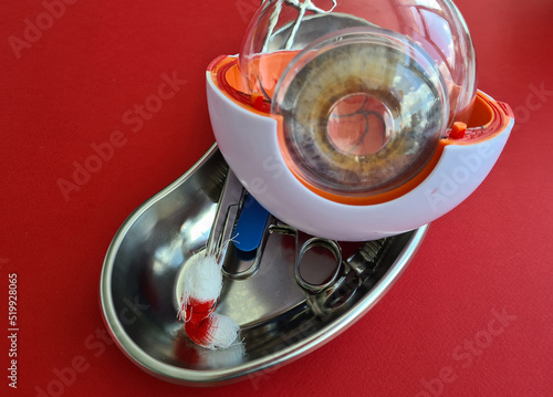 Sample ophthalmic eye and surgical medical instrument closeup photo