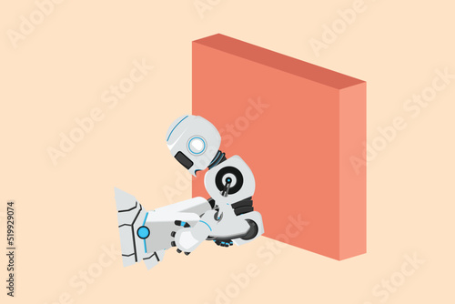 Business flat cartoon style drawing depressed robot sit in despair on floor. Cyborg sad gesture expression. Robotic artificial intelligence. Electronic technology. Graphic design vector illustration