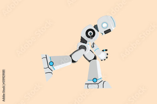 Business flat cartoon style drawing depressed robot bowed down. Cyborg feeling lonely and having mental pressure or stress. Modern robotic artificial intelligence. Graphic design vector illustration