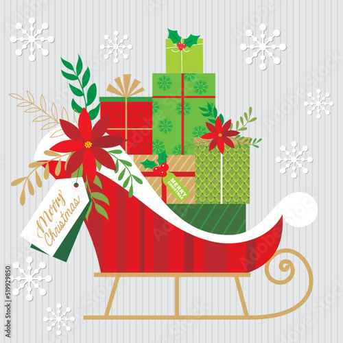 christmas card with christmas sleigh and gift boxes