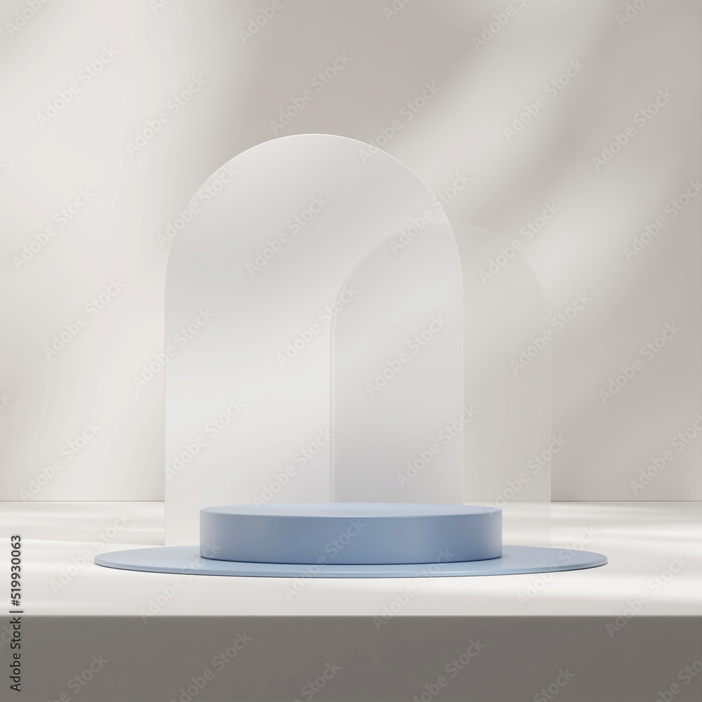 3d rendering mockup of blue podium in square with white and glass backdrop