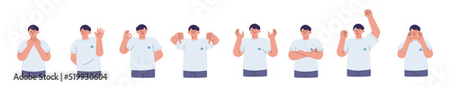 A cute boy is expressing his emotions by performing various movements. flat design style vector illustration.