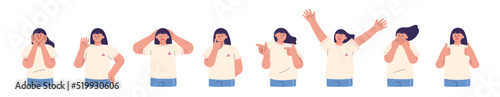 A cute little girl is doing various movements and expressing her emotions. flat design style vector illustration.
