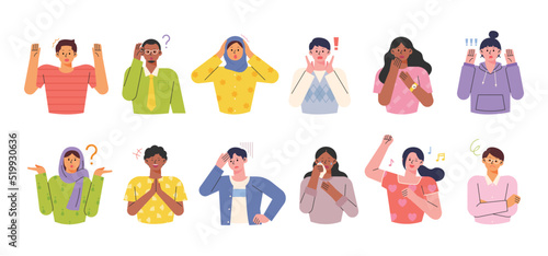 People of different races and styles. It expresses various emotions. flat design style vector illustration.