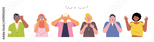 People of different races and styles looking straight ahead with surprised faces and gestures. flat design style vector illustration.