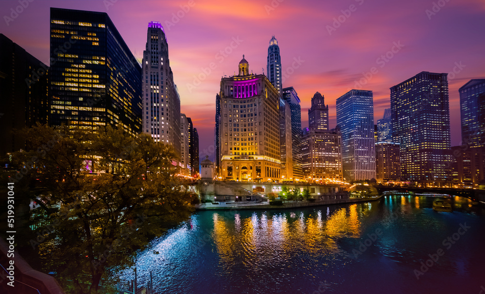 Chicago downtown and Chicago River at night, United States,