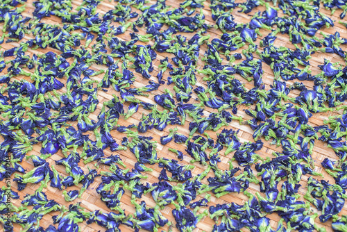 Close up of sun dried butterfly pea flowers