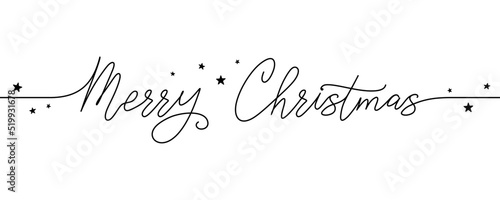 Merry Christmas hand lettering quote. Black festive inscription with small stars on a white. Single line art. Vector design template for holiday greeting card, invitation, banner, Christmas decoration