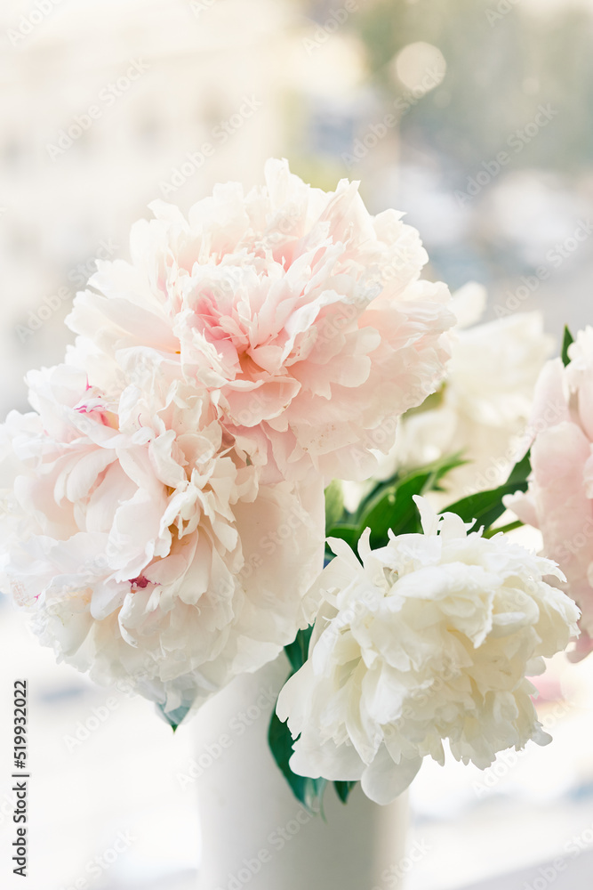 A beautiful freshly cut bouquet. Floral aesthetics. Stylish bouquet of white peonies close-up on the background of the window. A bouquet of peonies for a catalog or online store. High quality photo A beautiful freshly cut bouquet. Floral aesthetics. Stylish bouquet of white peonies close-up on the background of the window. A bouquet of peonies for a catalog or online store. High quality photo